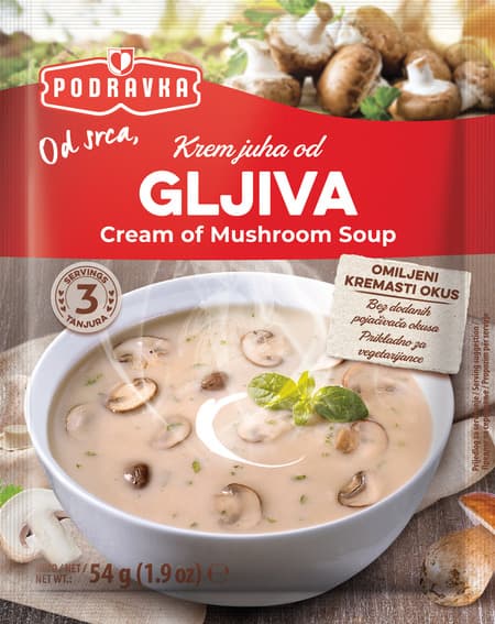 Krem juha 54 g od gljiva, 57 g od brokule, 60 g od rajčice, 60 g od vrganja, 63 g od šampinjona