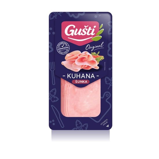 Gušti kuhana šunka, pureća dimljena šunka, mortadela ili dimljeni špek 100 - 150 g