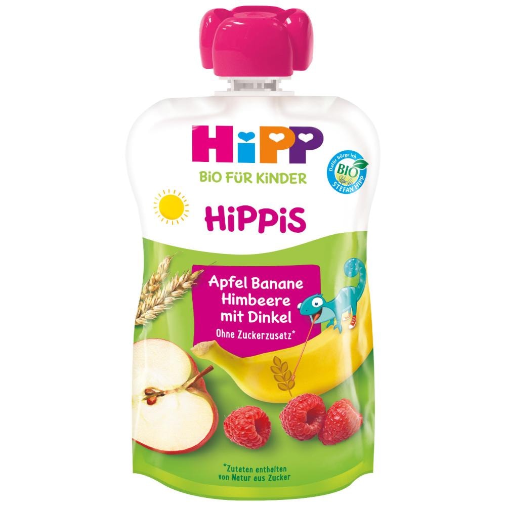 Voćni pire apfel banane himbeere mit dinkel