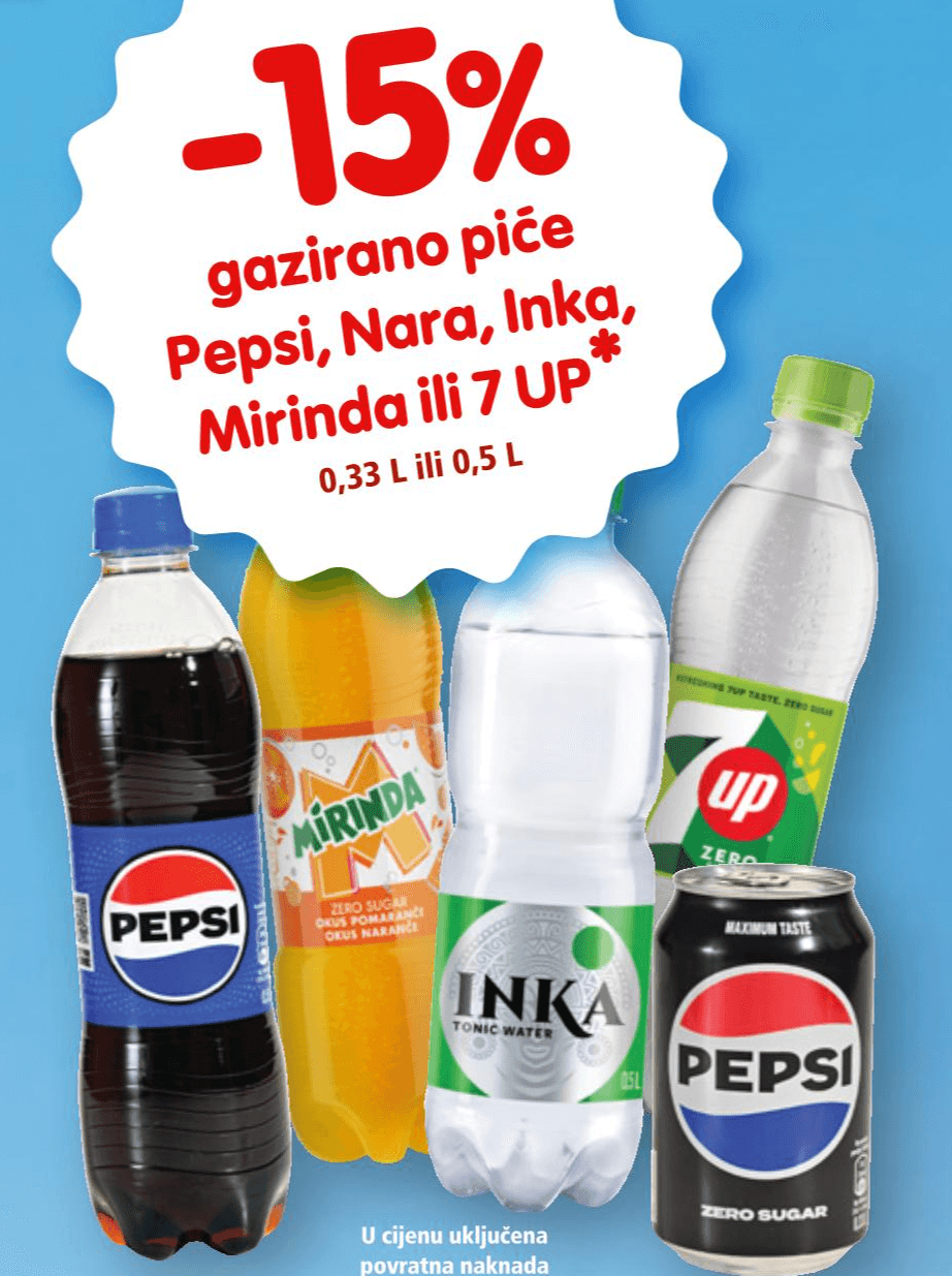 Gazirano piće pepsi, nara, inka, mirinda ili 7 up 0,33 L ili 0,5 L