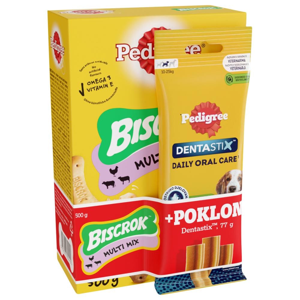 Poslastica za pse multi biscrok, 500g, + dentastix, 77g, pak