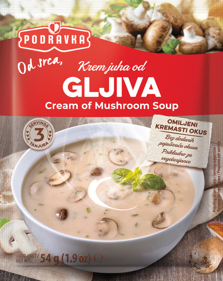 Krem juha 54 g od gljiva, 57 g od brokule, 60 g od rajčice, 60 g od vrganja, 63 g od šampinjona